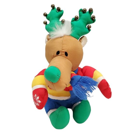 Holiday Polyester Colorful Stuffed Reindeer Toy With Bells & Scarf 12 Inch - Picture 7 of 11